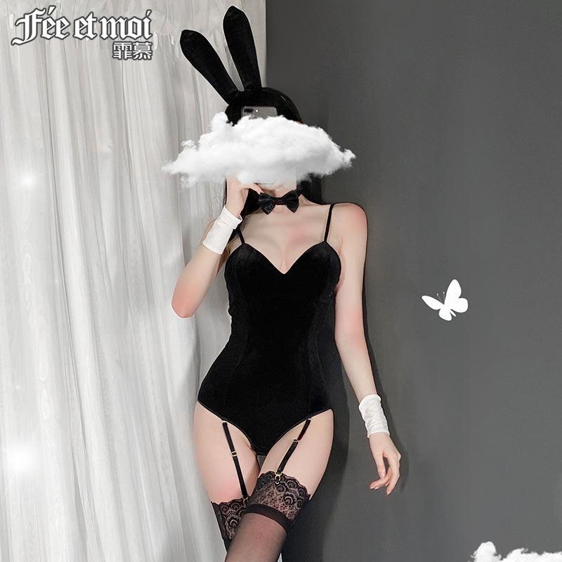 Fee et moi Black Velvet Bunny Costume Bodysuit With Hosiery - Jiumii Adult Store