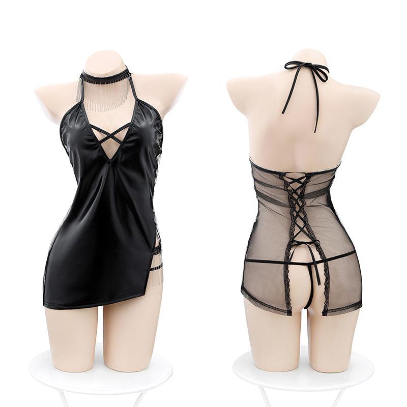 Fee et moi Chain Tassel Patent Leather Lace-up Babydoll Set - Jiumii Adult Store