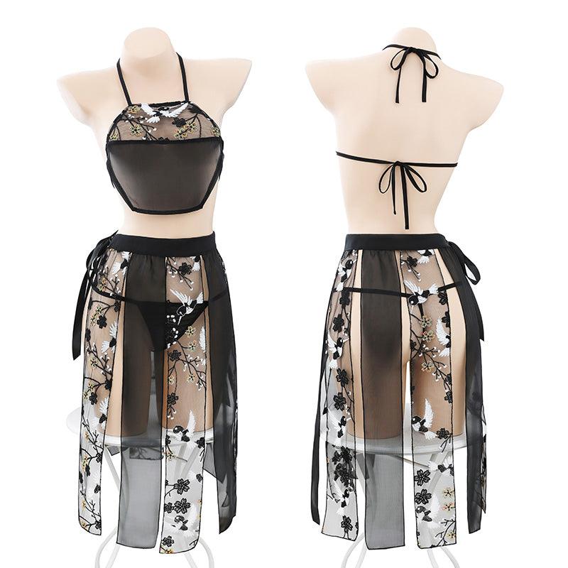 Fee et moi Flower And Bird Embroidery Bellyband With Split Skirt - Jiumii Adult Store