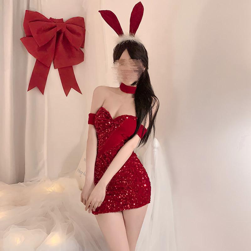 Fee et moi Shiny Velvet Bunny Costume Set 6 Pcs - Jiumii Adult Store