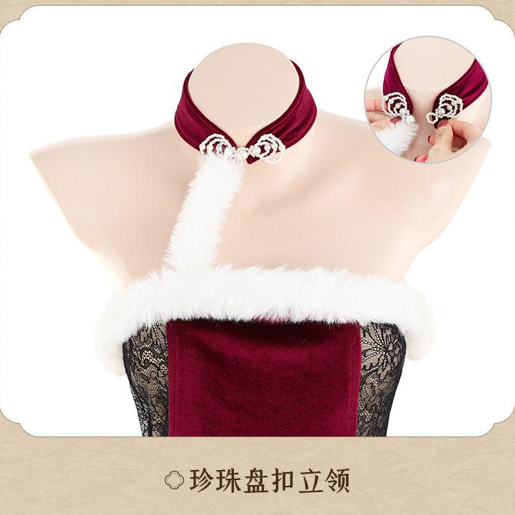 Fee et moi Velvet And Lace Cheongsam With Plush Neck - Jiumii Adult Store