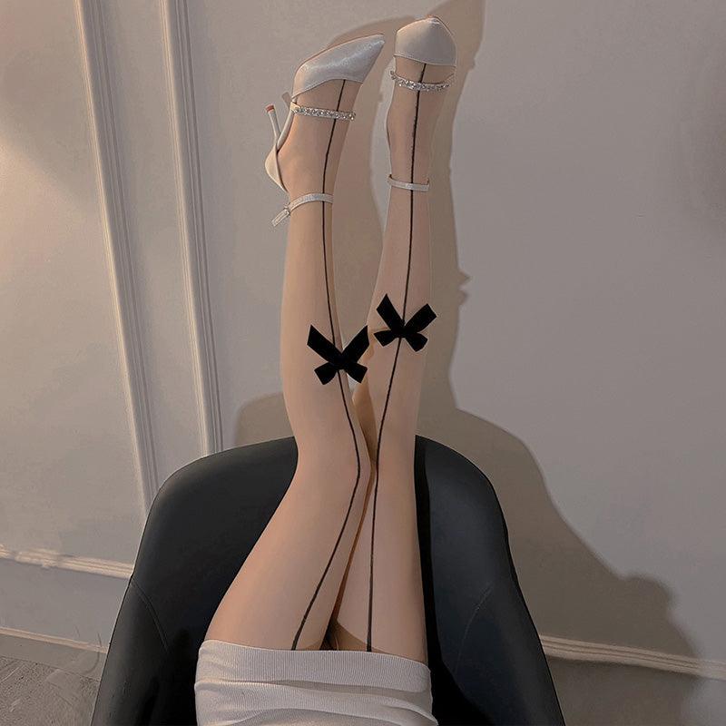 Fee et moi Velvet Bow Crotchless Pantyhose - Jiumii Adult Store