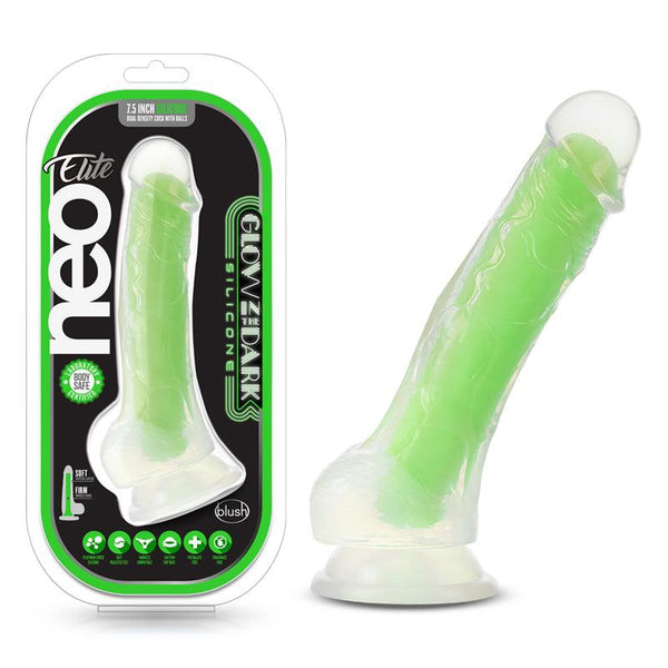 BLUSH Neo Elite Glow in the Dark Silicone Dual Density Dildo with Balls 7.5" - Jiumii Adult Store