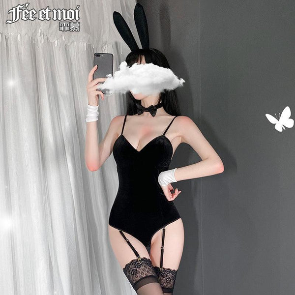 Fee et moi Black Velvet Bunny Costume Bodysuit With Hosiery - Jiumii Adult Store
