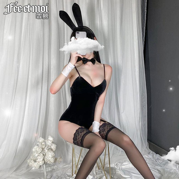 Fee et moi Black Velvet Bunny Costume Bodysuit With Hosiery - Jiumii Adult Store