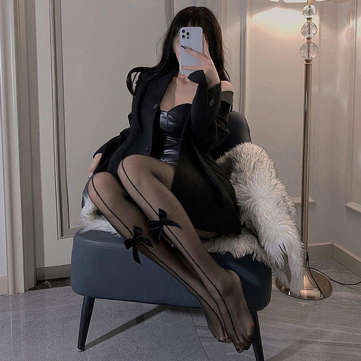 Fee et moi Velvet Bow Crotchless Pantyhose - Jiumii Adult Store